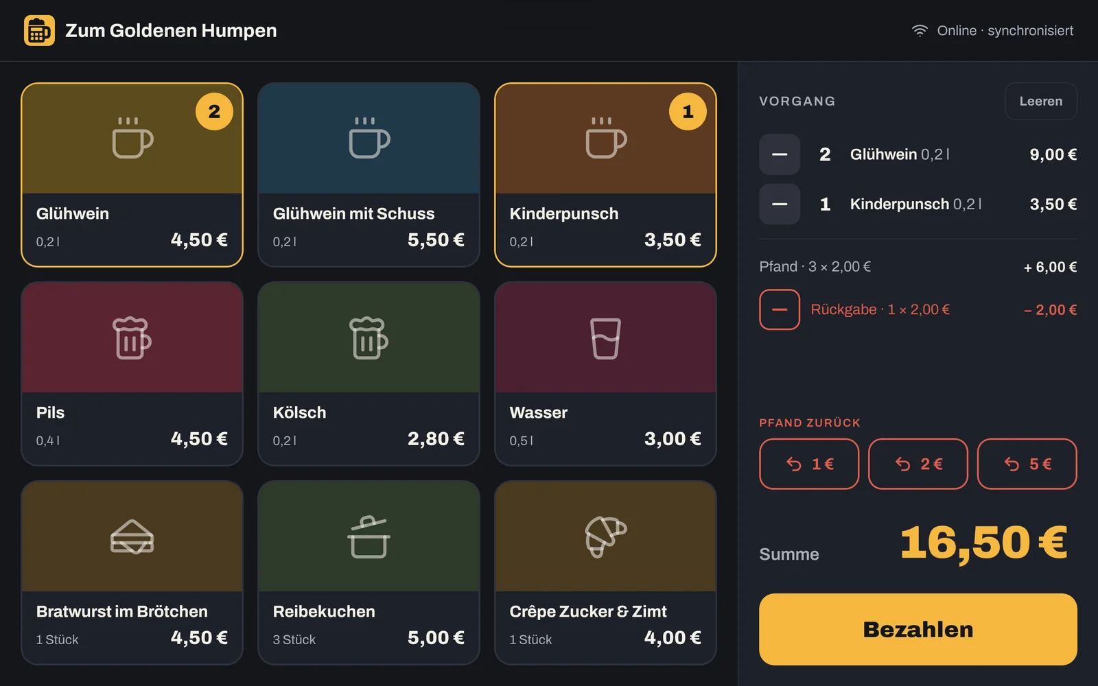 Tablet-App: Produktkacheln mit Glühwein, Pils, Bratwurst und mehr, rechts der laufende Vorgang mit Pfand, Rückgabe und Summe 16,50 €