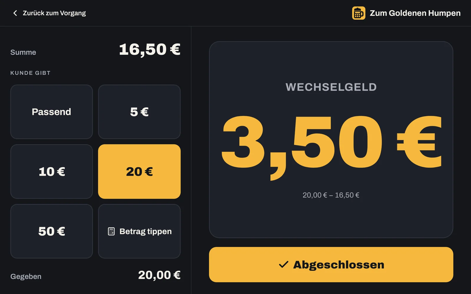 Tablet-App: Wechselgeld 3,50 € groß angezeigt, links Summe 16,50 € und die Scheinauswahl, 20 € gewählt